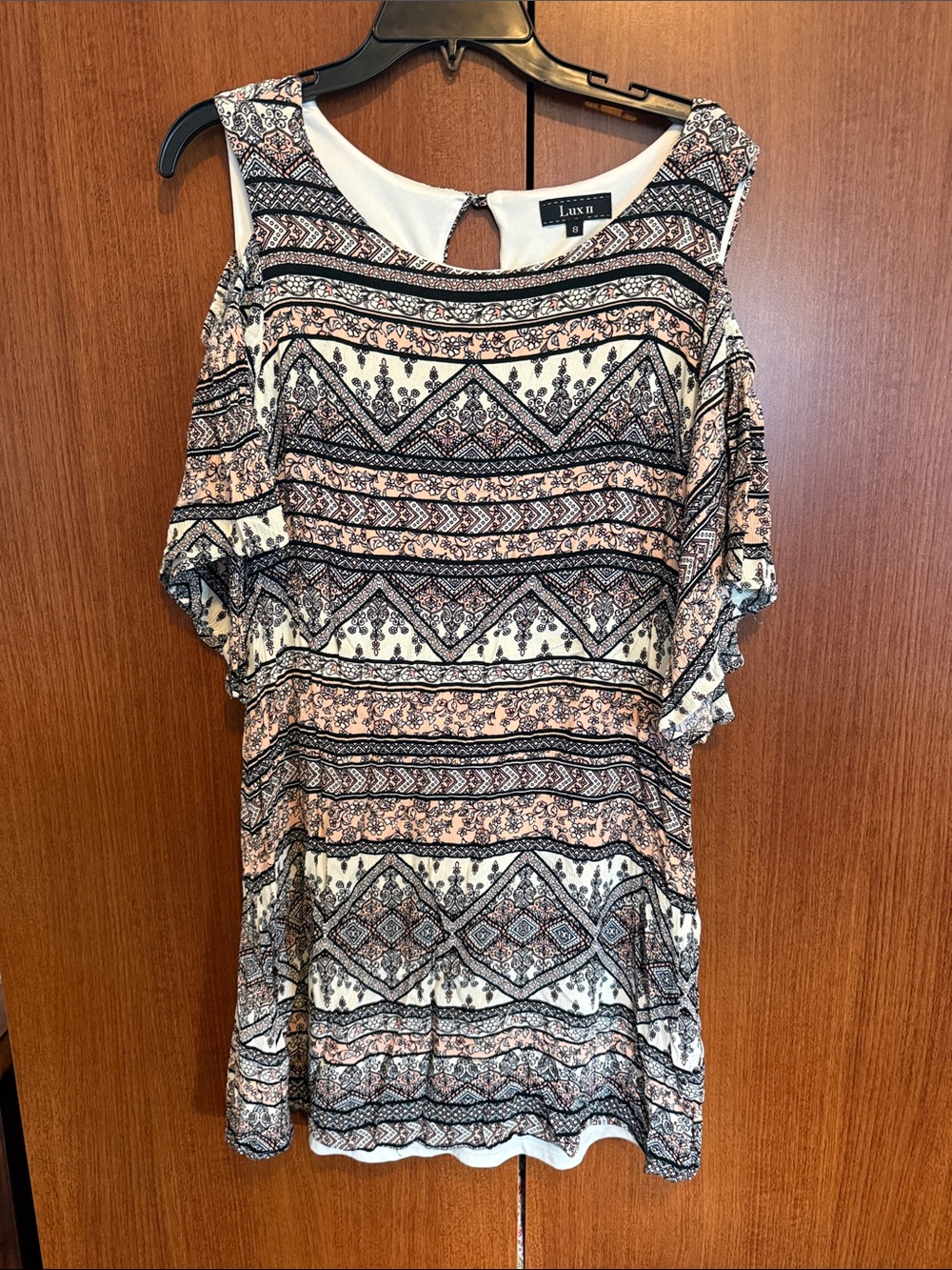 Lux II Pink and Black Boho Paisley Cold-Shoulder Patterned Flutter Sleeve Dress